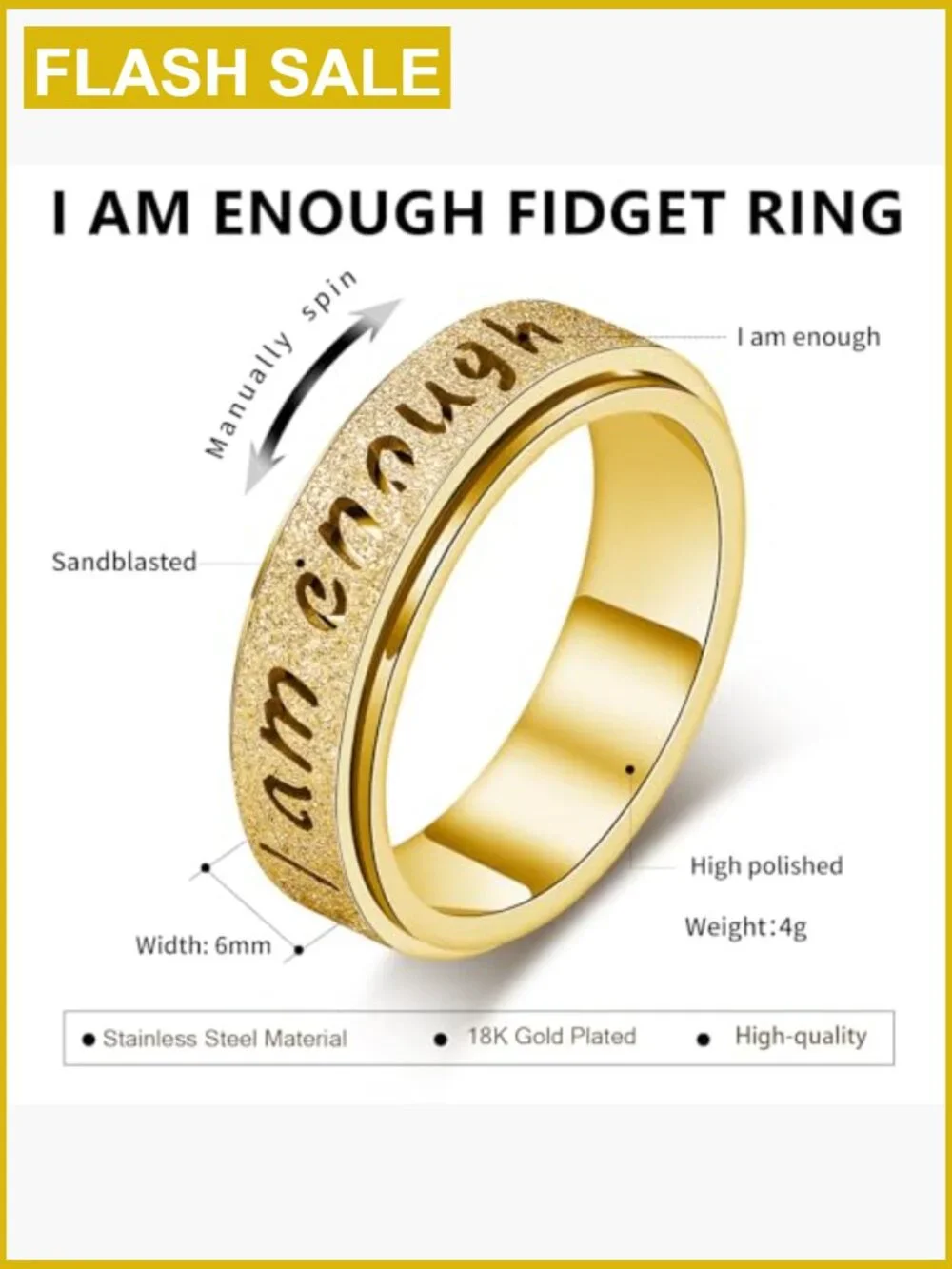 I Am Enough Fidget Spinner Ring Anxiety Relief Stainless Steel Spinner Ring